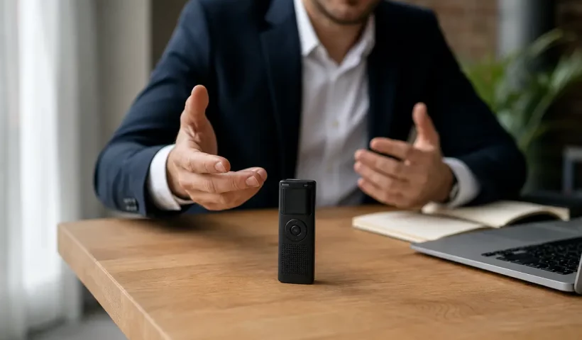 Mini registratore audio compatto su scrivania in ambiente professionale