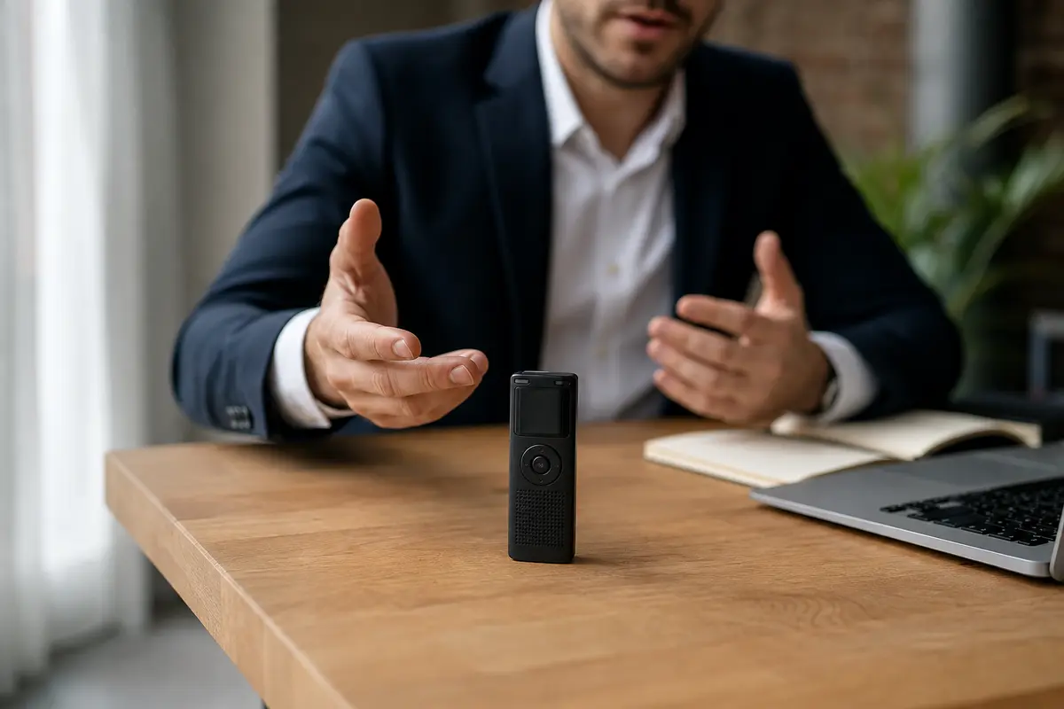 Mini registratore audio compatto su scrivania in ambiente professionale