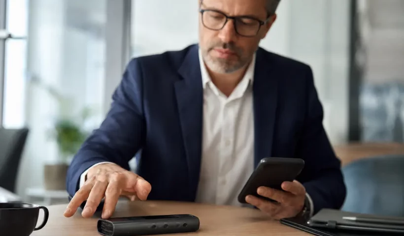 Registratore audio moderno accanto a smartphone per l’accesso remoto dei file