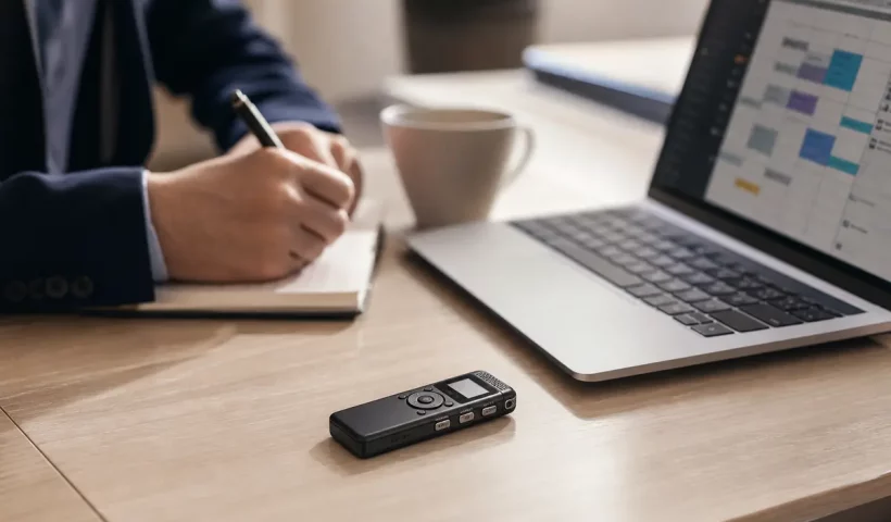 Registratore vocale compatto accanto a un laptop con programmazione oraria