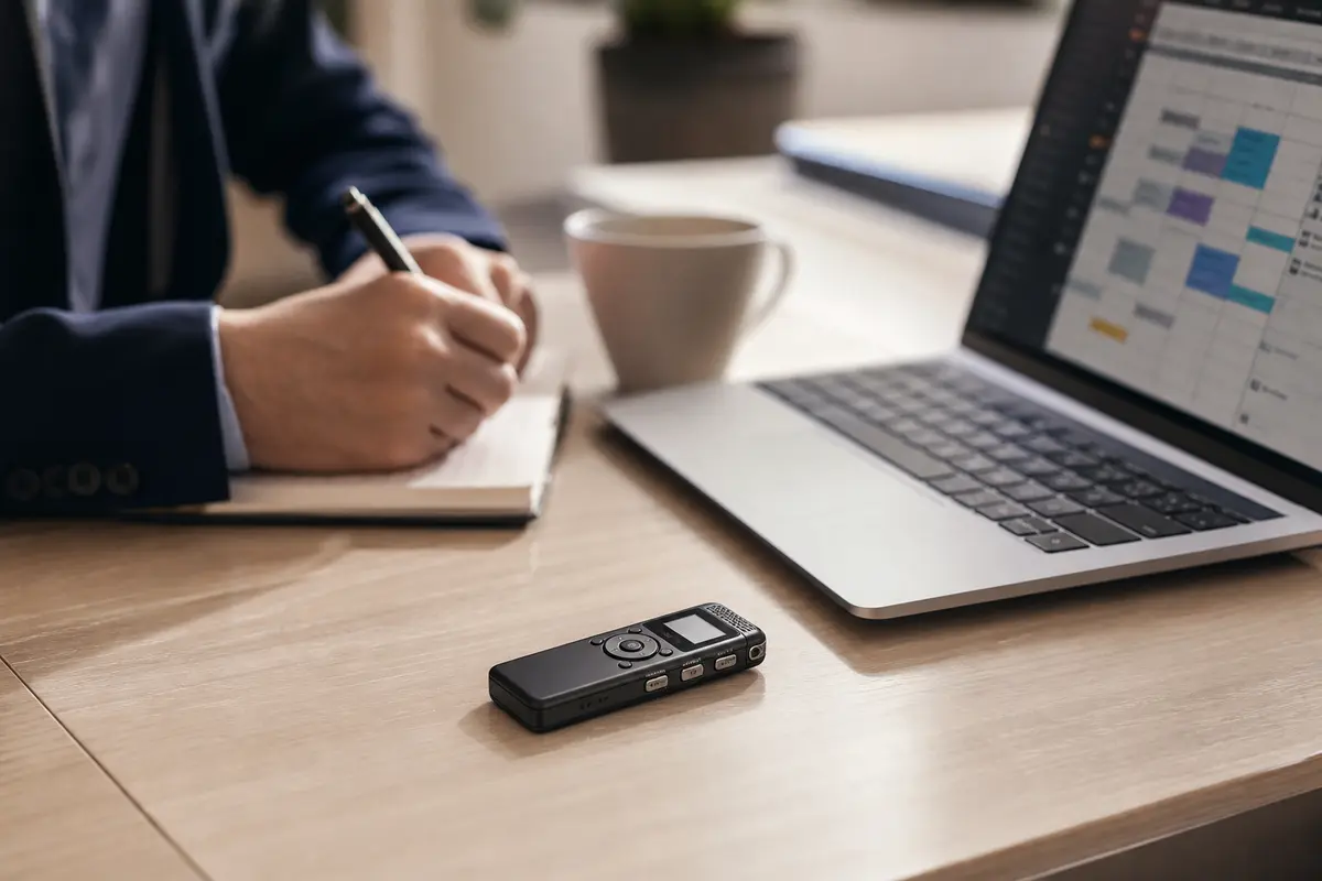 Registratore vocale compatto accanto a un laptop con programmazione oraria